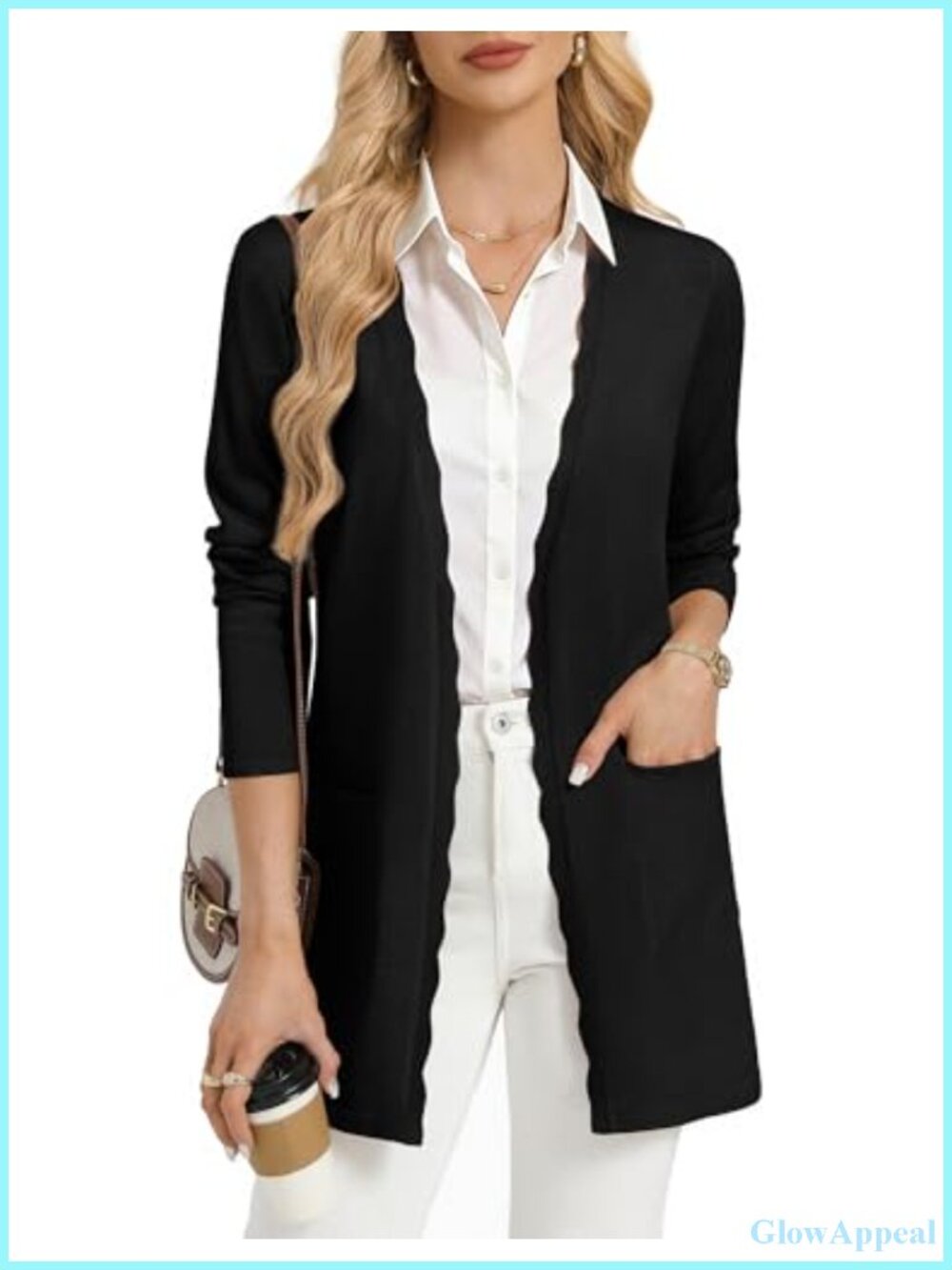 Womens Long Open Front Cardigan Sweater Scalloped Placket Business Casual